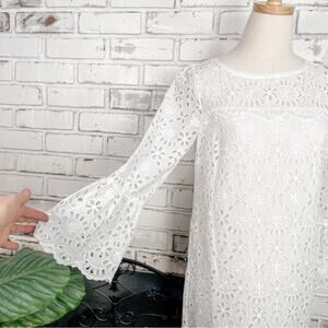 J. Crew White Embroidered Eyelet Lace Bell Sleeves Shift Mini Midi Dress 2